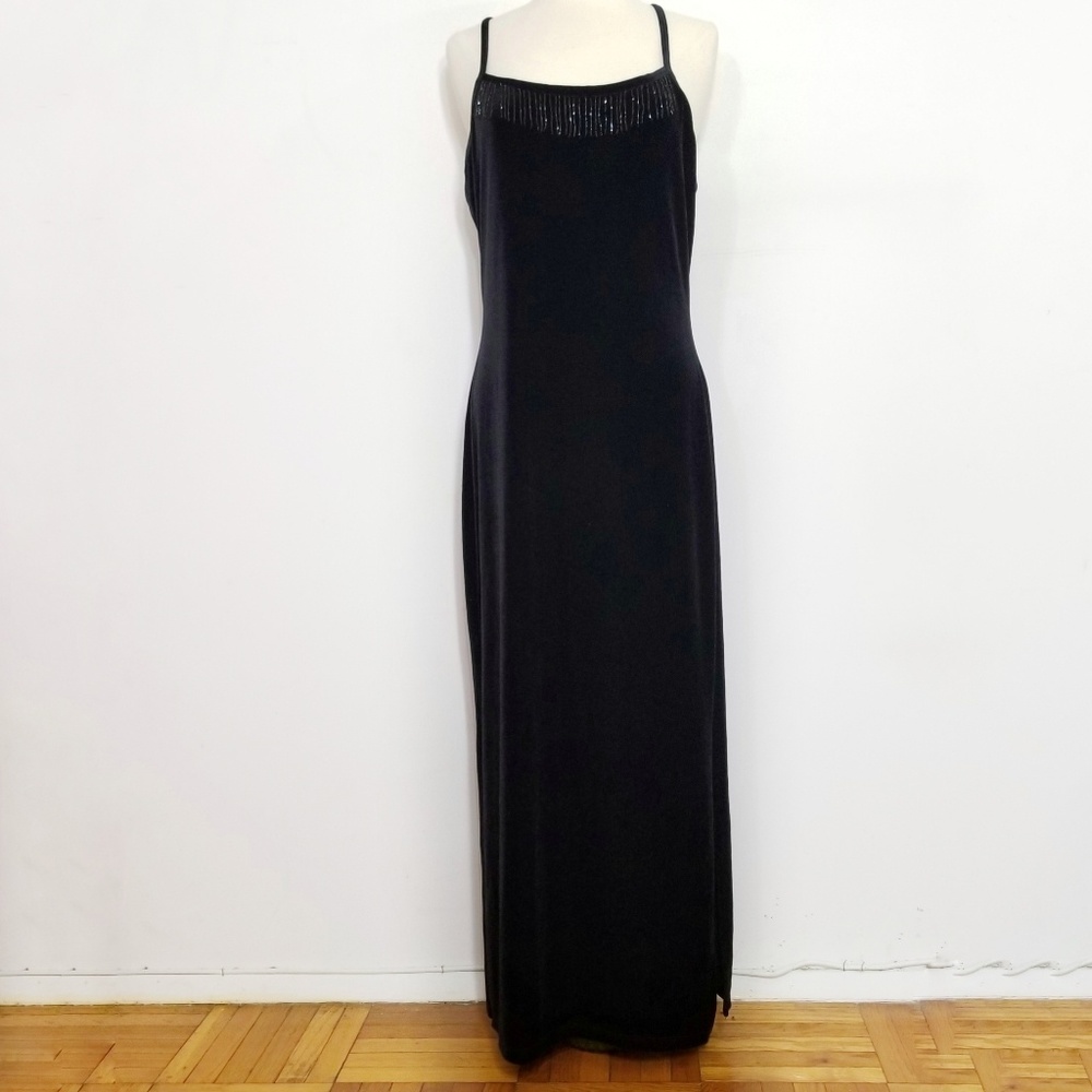 Acacia USA Black Velvet Beaded Long Dress Large